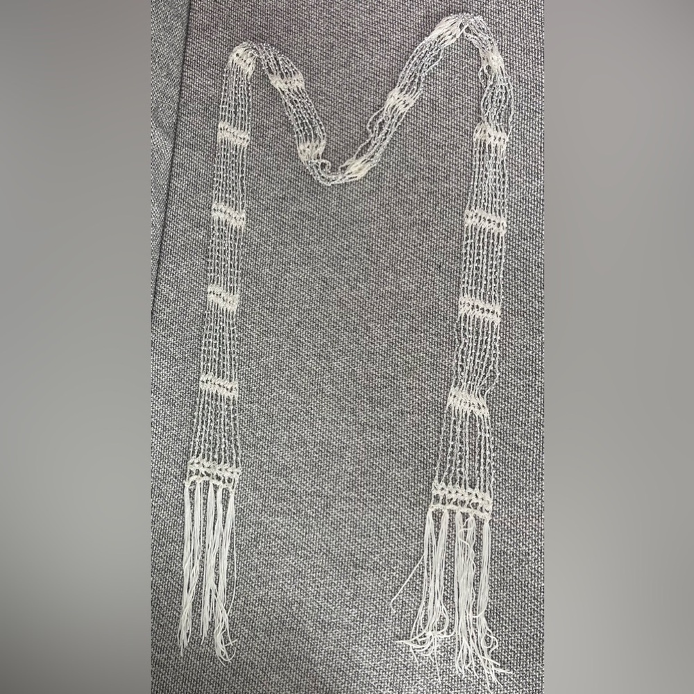 Chic White Crocheted Scarf with Silver Beads and Fringed